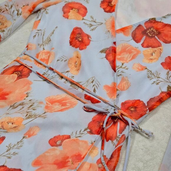 Lulus ✦ Petals of Honor Wrap Dress ✦ Light Blue Floral Chiffon Bell Sleeves S - Picture 7 of 14